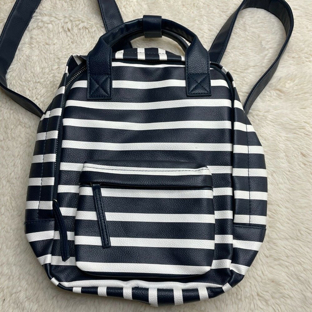 Mini Backpack Navy Blue White Stripe Zipper Closure Pockets Adjustable PVC